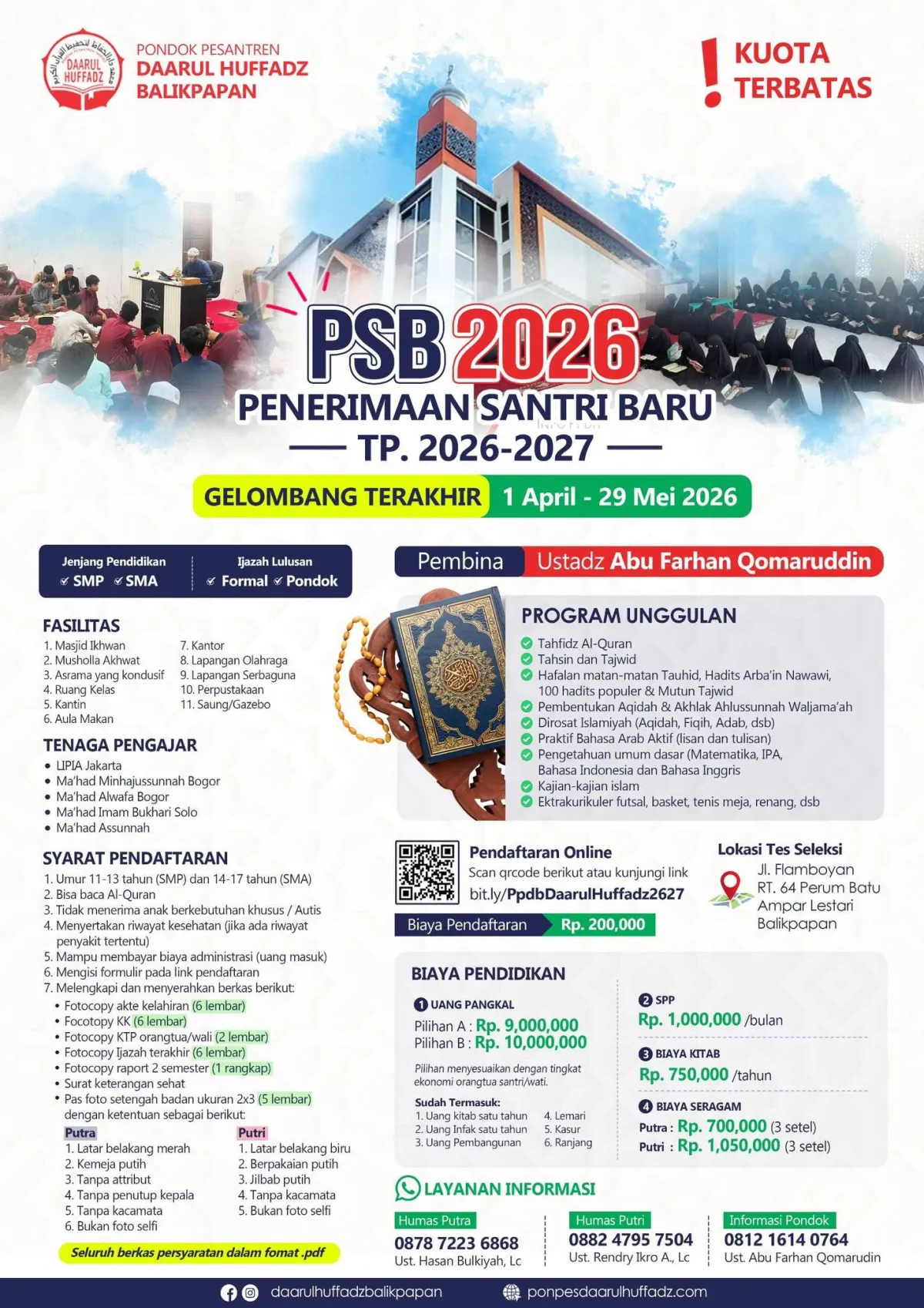 PENERIMAAN SANTRI DAN SANTRIWATI BARU PONPES DAARUL HUFFADZ BALIKPAPAN